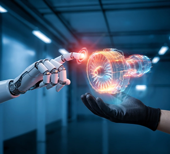 AI-driven digital twin — a robotic hand and a human hand interacting with a holographic turbine model